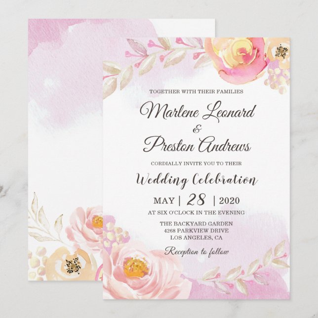 Chic Girly Pink & Gold Floral Watercolor Wedding Invitation (Front/Back)