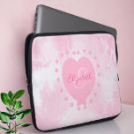 Chic Girly Pink Heart Monogram Initial Watercolor Laptop Sleeve<br><div class="desc">This neoprene laptop sleeve features a chic pink and white watercolor background with a heart centre and a first name and initial letter monogram. Personalize the text fields with a first or last name and initial and the back side data. You can remove one or both front text or click...</div>