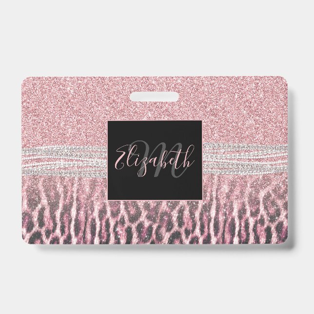 Chic Girly Pink Leopard animal print Glitter Image Badge (Front)