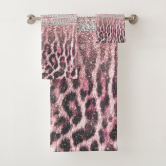 Chic Girly Pink Leopard animal print Glitter Image Bath Towel Set