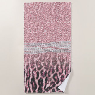 Chic Girly Pink Leopard animal print Glitter Image Beach Towel