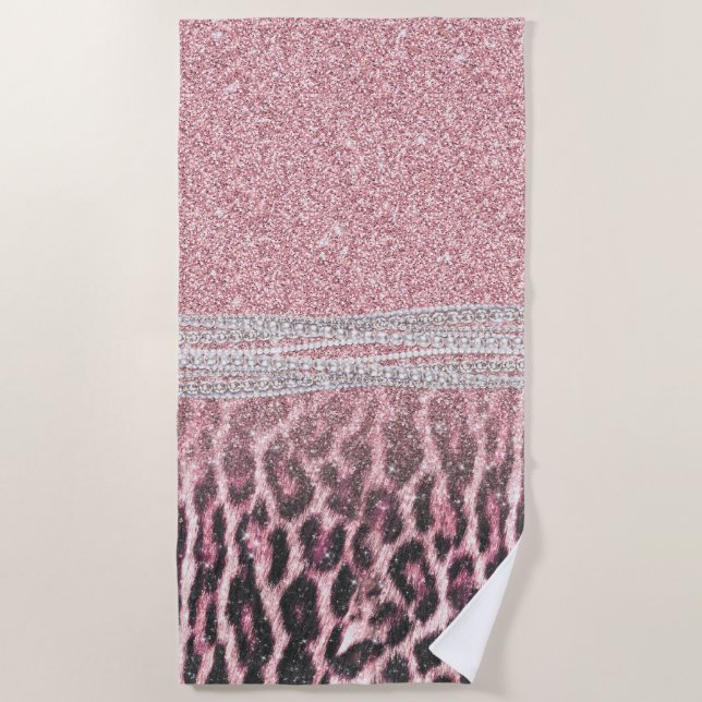 Chic Girly Pink Leopard animal print Glitter Image Beach Towel (Front)