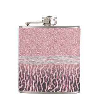 Chic Girly Pink Leopard animal print Glitter Image Hip Flask