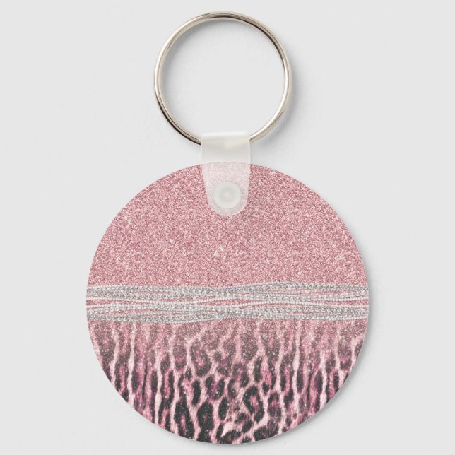 Chic Girly Pink Leopard animal print Glitter Image Keychain (Front)