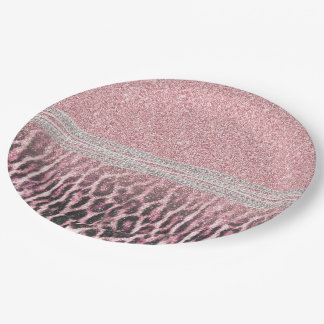 Chic Girly Pink Leopard animal print Glitter Image Paper Plate
