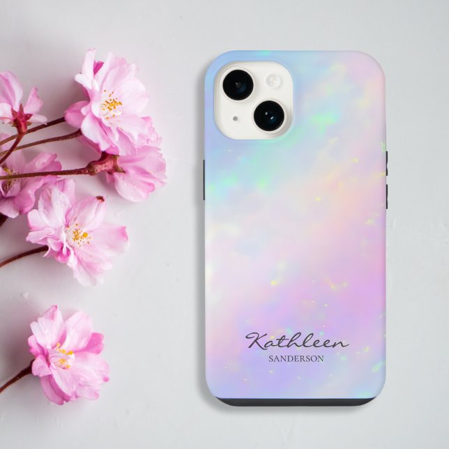 Chic Girly Pink Monogram iPhone 13 Pro Case (Chic girly iridescent blush pink phone case for iPhone and Samsung customizable with name in script)