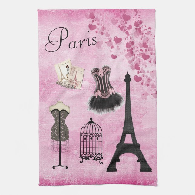 Chic Girly Pink Paris Fashion Kitchen Towel (Vertical)