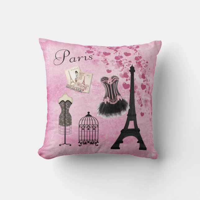 Chic Girly Pink Paris Fashion Throw Pillow (Front)