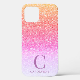 Chic Girly Pink Rainbow Glitter Ombre Monogram iPhone 12 Case