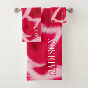 Chic Girly Pink Red Leopard Animal Print Custom Bath Towel Set