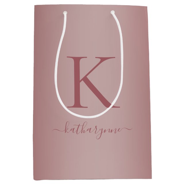 Chic Girly Pink Rose Gold Monogram Name Medium Gift Bag (Front)
