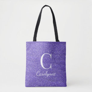 Chic Girly Purple Faux Glitter Monogram Tote Bag