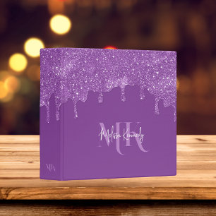 Chic Girly Purple Glitter Drips Monogram & Name  Binder