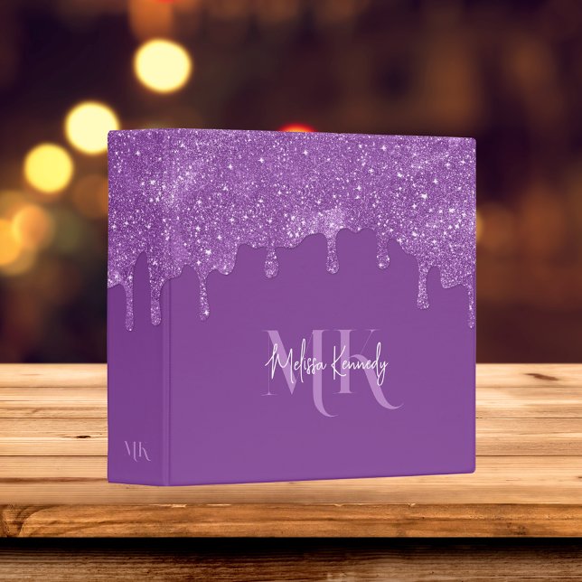 Chic Girly Purple Glitter Drips Monogram & Name  Binder (Creator Uploaded)