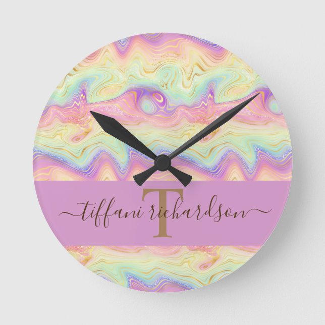 Chic Girly Rainbow Gold Agate Geode Round Clock (Front)