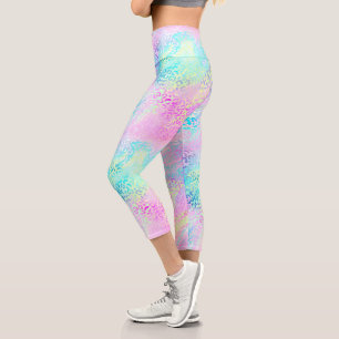 Chic Girly Rainbow Shimmer Leopard Print Capri Leggings