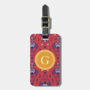 Chic girly red ikat tribal pattern monogram luggage tag