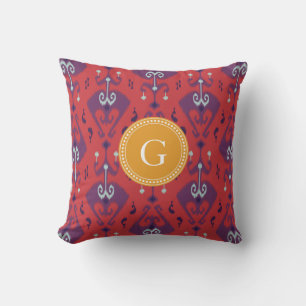 Chic girly red ikat tribal pattern monogram throw pillow