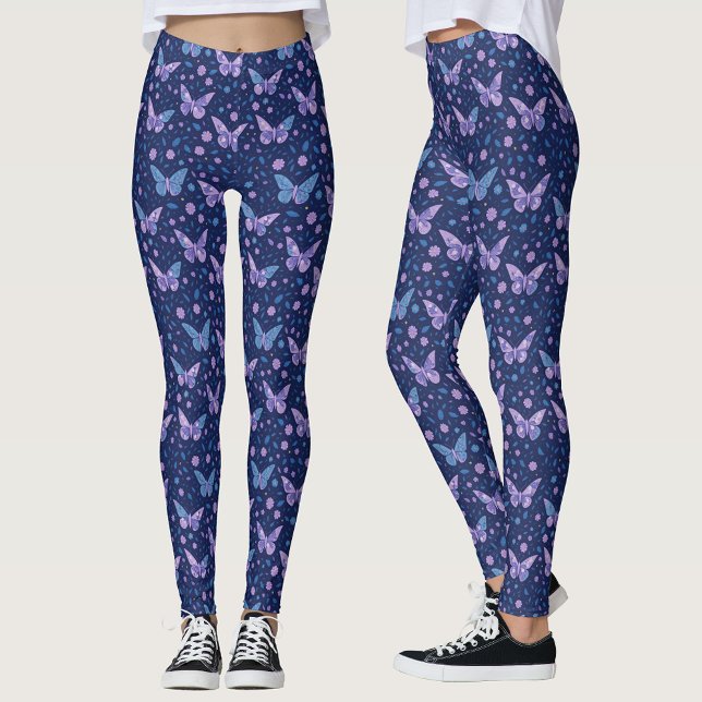 Chic Girly Romantic Blue Purple Butterfly Pattern  Leggings (Creator Uploaded)