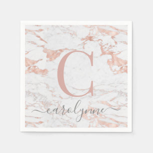 Chic Girly Rose Gold Foil   Marble Monogram Napkin