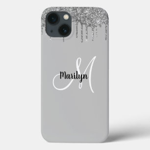 Chic Girly Silver Glitter Drips Monogram Name iPhone 13 Case