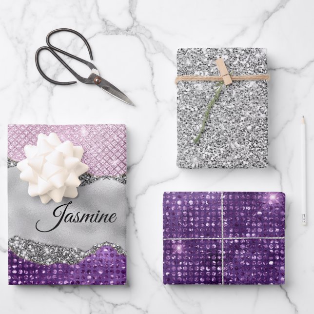 Chic girly Silver glitter purple monogram Wrapping Paper Sheet (Front)