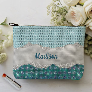 Chic girly teal mint green glitter silver monogram accessory pouch