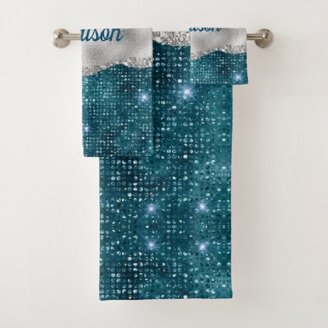 Chic girly teal mint green glitter silver monogram bath towel set (Insitu)