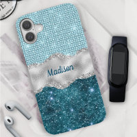 Chic girly teal mint green glitter silver monogram