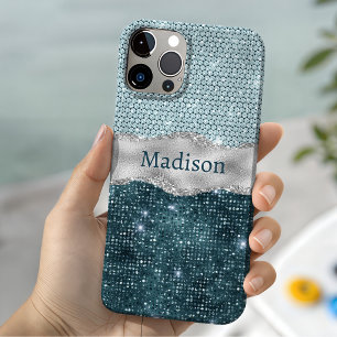 Chic girly teal mint green glitter silver monogram iPhone 15 case