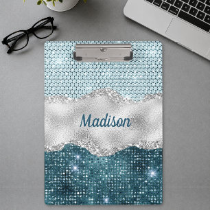 Chic girly teal mint green glitter silver monogram clipboard