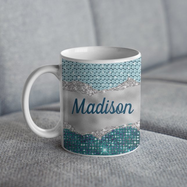 Chic girly teal mint green glitter silver monogram coffee mug (Creator Uploaded)