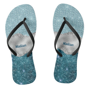 Chic girly teal mint green glitter silver monogram flip flops