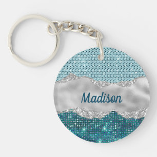Chic girly teal mint green glitter silver monogram keychain