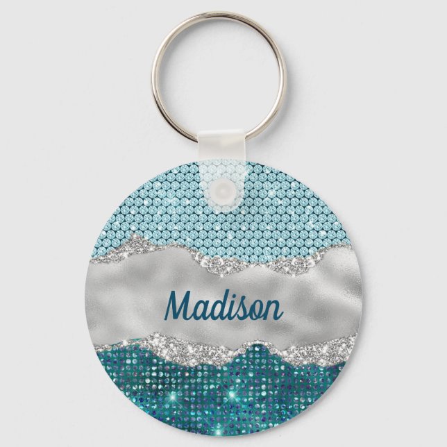 Chic girly teal mint green glitter silver monogram keychain (Front)