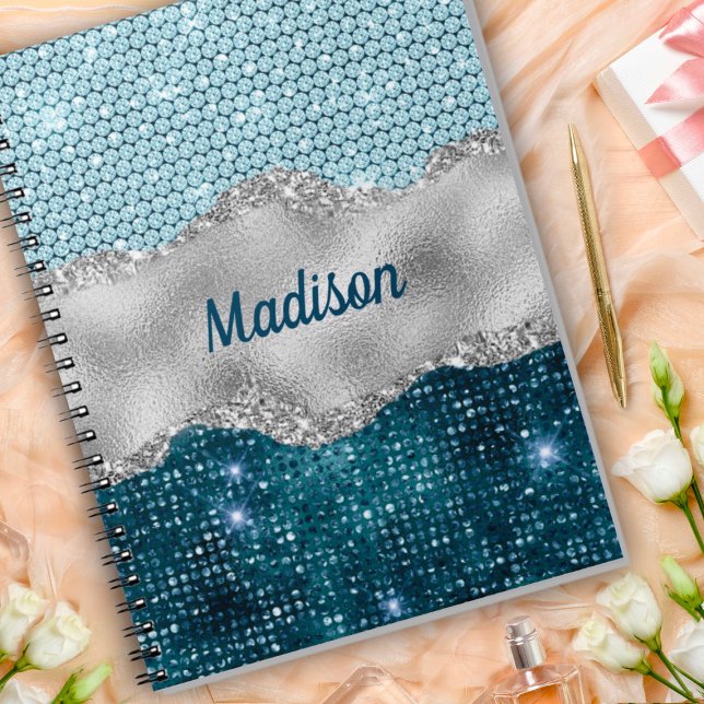 Chic girly teal mint green glitter silver monogram notebook (Creator Uploaded)