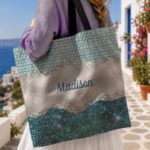 Chic girly teal mint green glitter silver monogram tote bag