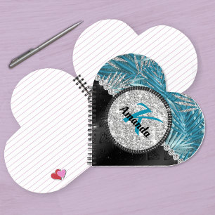 Chic girly turquoise aqua glitter leaves monogram notebook
