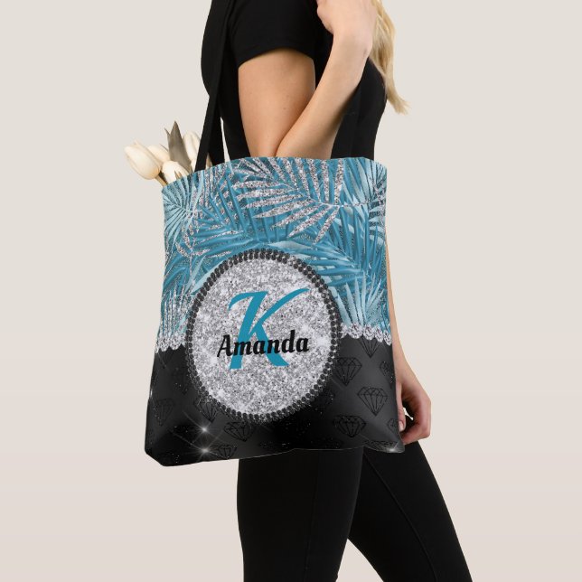 Chic girly turquoise aqua glitter leaves monogram  tote bag (Close Up)