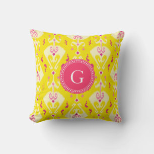 Chic girly yellow ikat tribal pattern monogram throw pillow