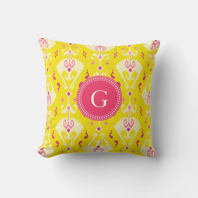Chic girly yellow ikat tribal pattern monogram throw pillow (Front)