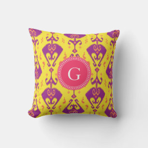 Chic girly yellow ikat tribal pattern monogram throw pillow
