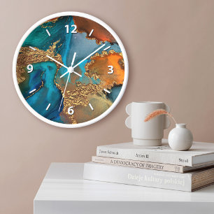Chic glam agate watercolor gold turquoise orange large clock