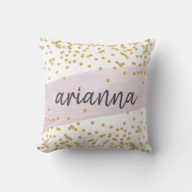 Chic Glam Blush and Faux Gold Dots with Name Throw Pillow (Front)