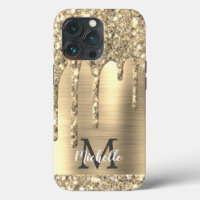 Chic Glam Gold Glitter Drips Monogram Metal