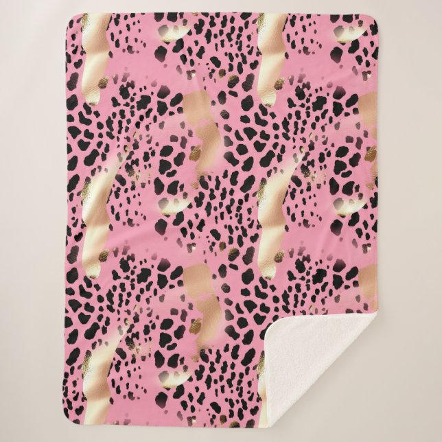 Chic Glam Gold Pink Black Leopard Sherpa Blanket (Front)
