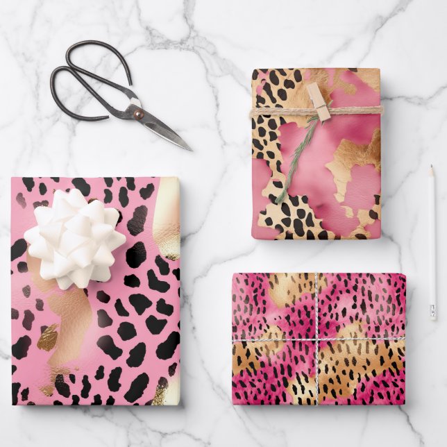 Chic Glam Gold Pink Black Leopard Wrapping Paper Sheet (Front)