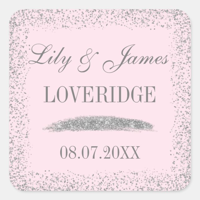 Chic Glam Grey Silver Glitter & Blush Pink Wedding Square Sticker (Front)