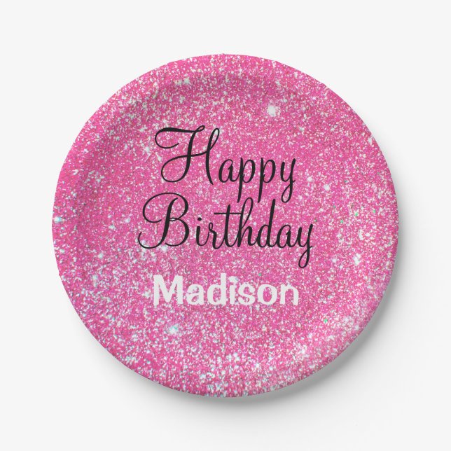 Chic Glam Happy Birthday Hot Pink Glitter Sparkle Paper Plate (Front)