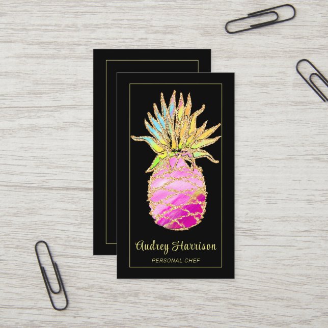 Chic Glam Pineappé Chef personnel Carte de visite (Devant/Arrière en situation)